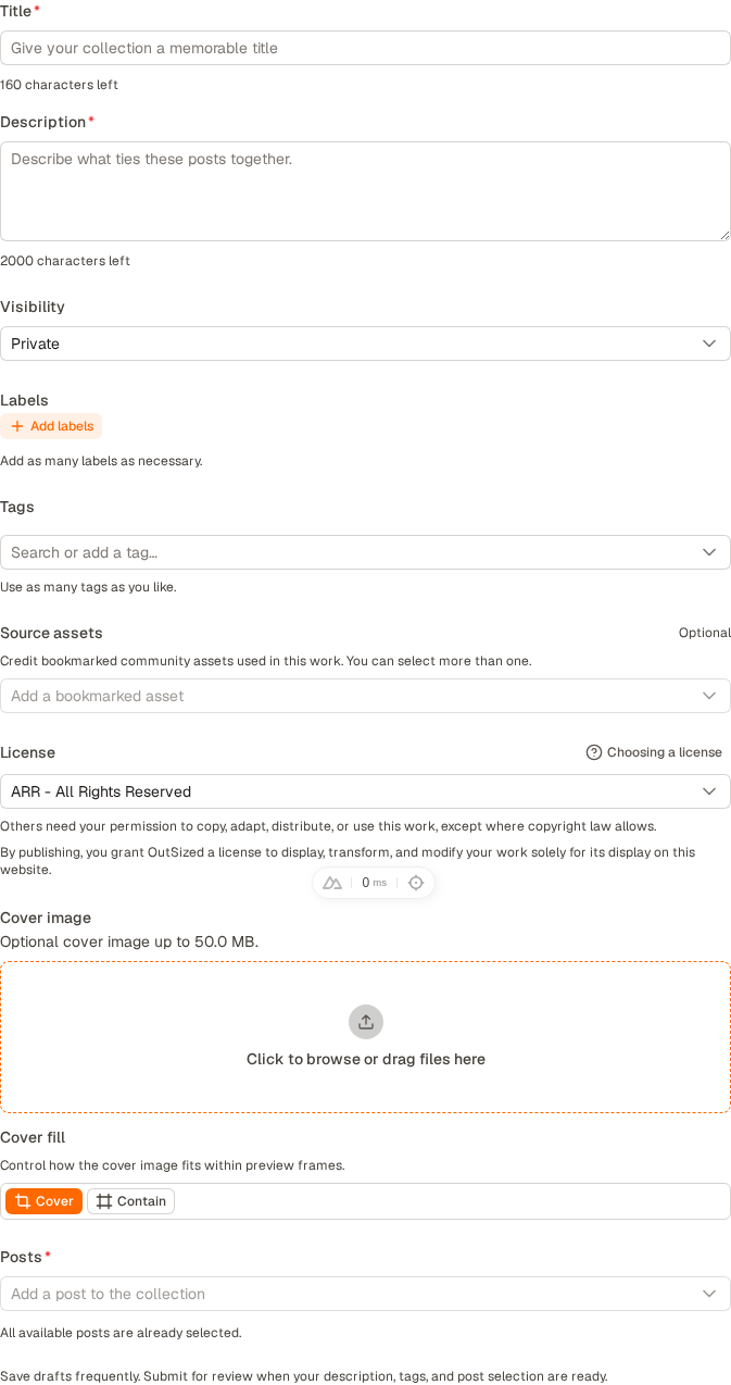 The collection form with fields for the title, description, visibility and posts.
