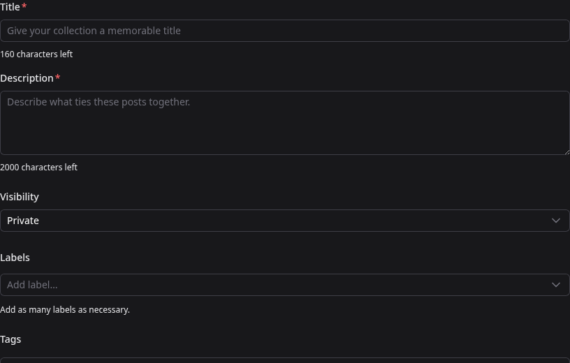 OutSized collection composer in dark mode showing title, description, and visibility controls
