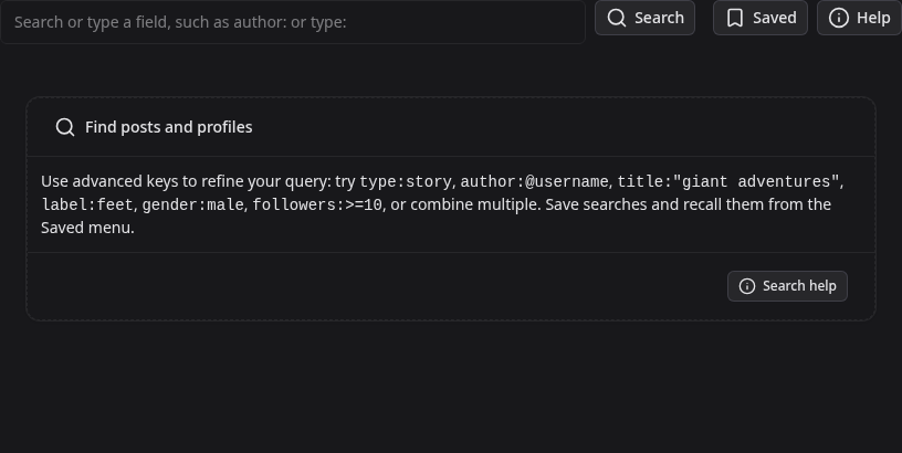 OutSized search composer in dark mode with the search field, Saved menu, and search tips