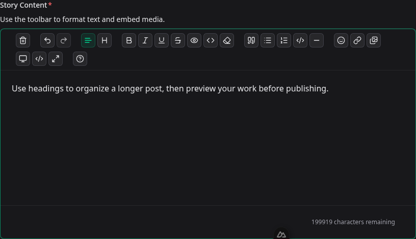 OutSized rich text editor in dark mode showing its formatting toolbar and writing area