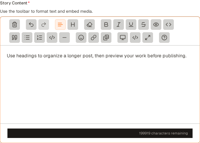 The story editor toolbar above a paragraph of sample text.